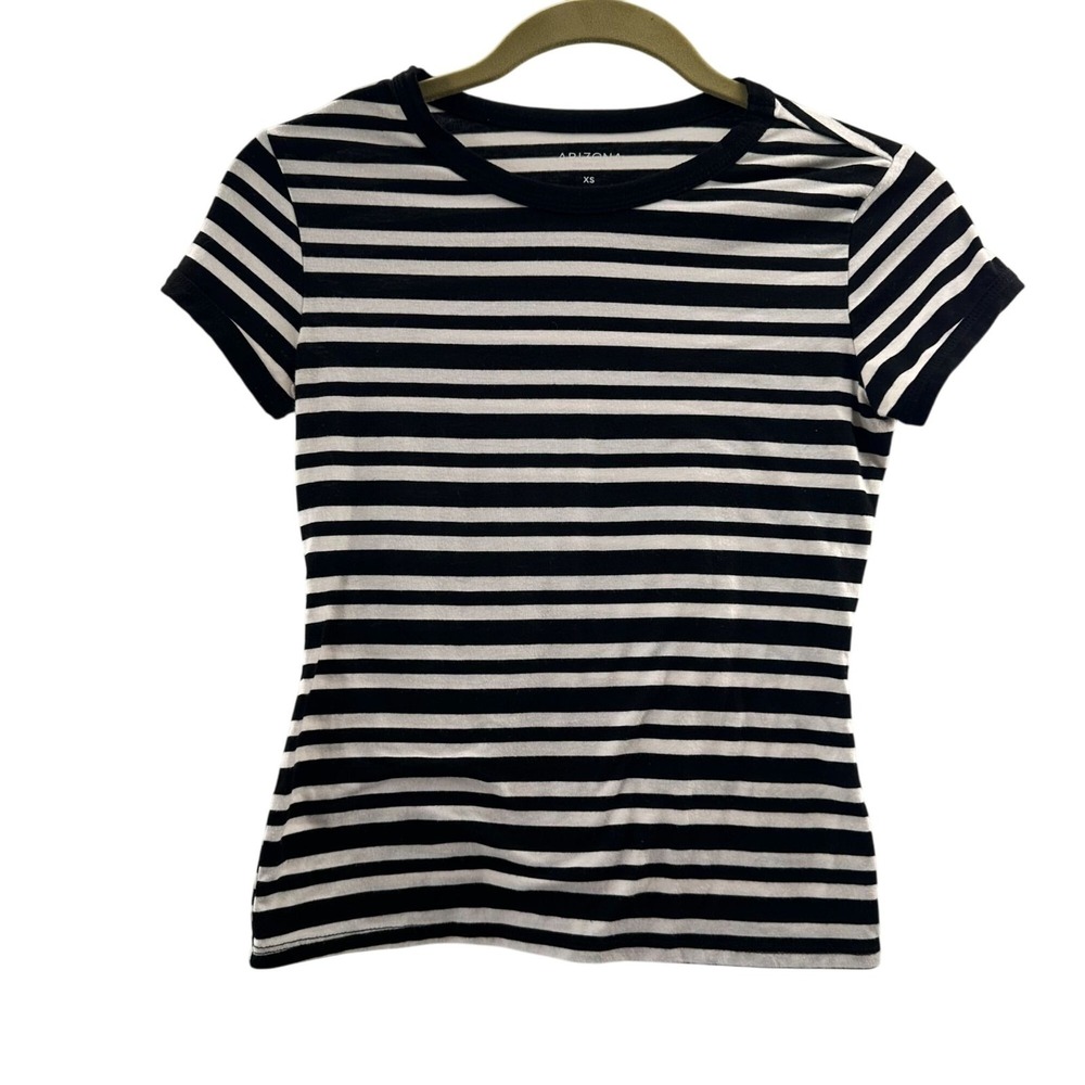 Arizona Womens Black & White Striped Short Sleeve T-Shirt XS Tee Crewneck Crop